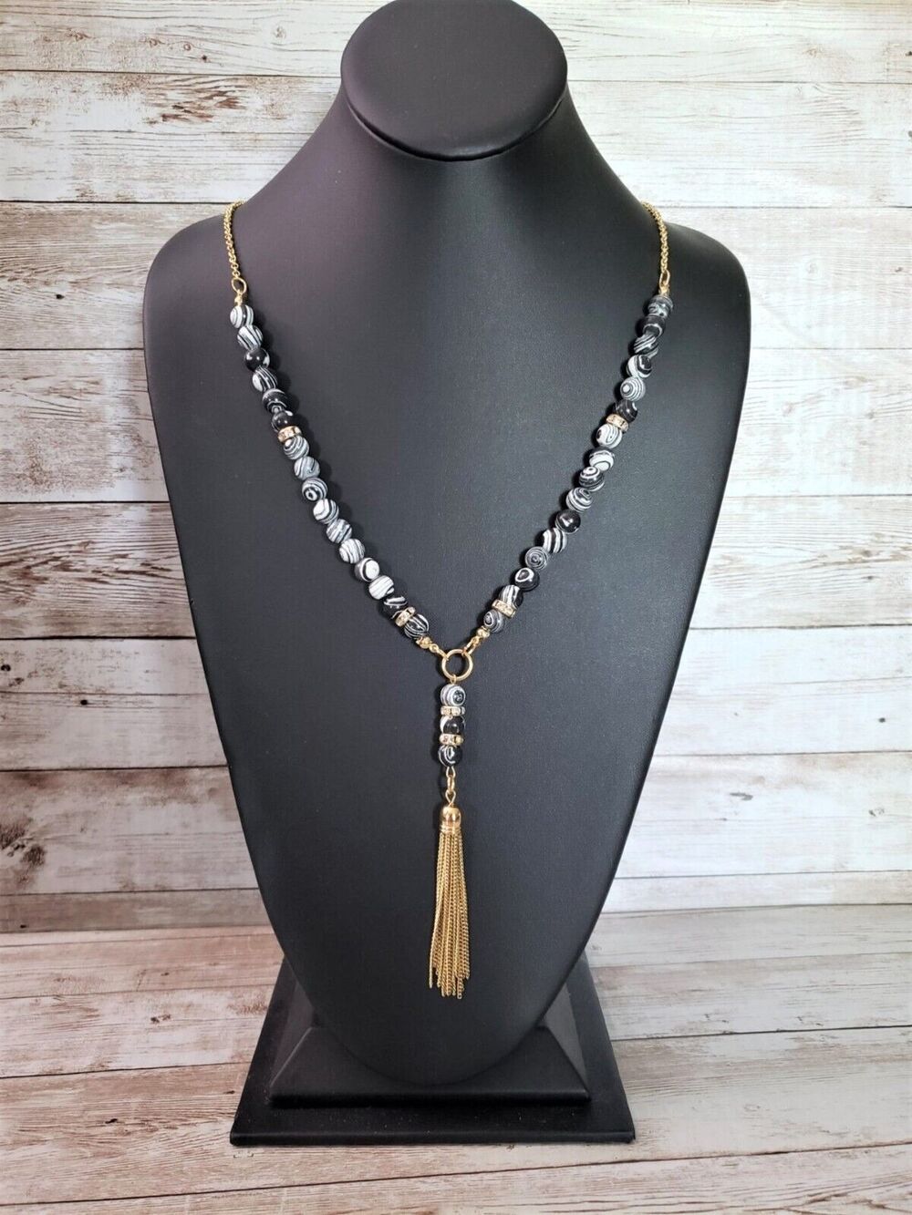 Very Long Black, White, Gold Tone Stunning Statement Necklace